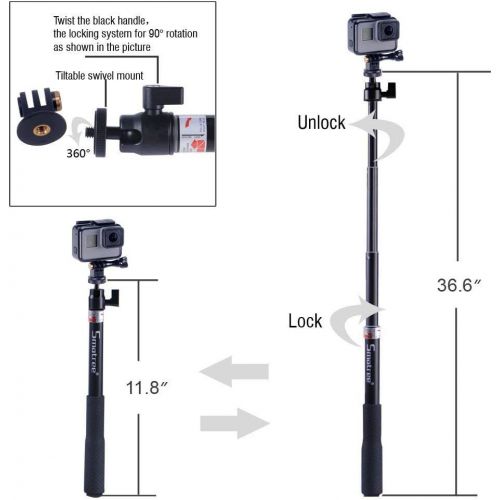  Smatree SmaPole Q1 Extendable Selfie Stick/Monopod with Extra Aluminum Tripod Mount Adapter for GoPro Hero 9/8/7/6/5/4/3+/3/2/1/Session/for Compact Cameras and Cellphones