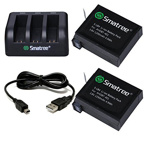  Smatree 1290mAh Replacement Battery Compatible for GoPro Hero4 (Pack of 2) Bundle with 3-Channel Charger and USB Cord