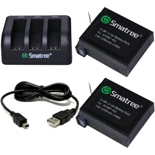  Smatree 1290mAh Replacement Battery Compatible for GoPro Hero4 (Pack of 2) Bundle with 3-Channel Charger and USB Cord