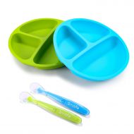 Smibie Silicone Divided Toddler Plates-2 Pcak and Silicone Spoon-2 Pack Self Feeding Set, Non Skid and Unbreakable- BPA Free - Microwave and Dishwasher Safe for Babies Toddlers and