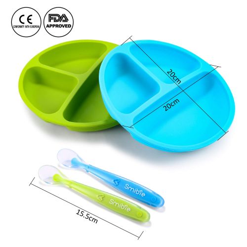  Smibie Silicone Divided Toddler Plates-2 Pcak and Silicone Spoon-2 Pack Self Feeding Set, Non Skid and Unbreakable- BPA Free - Microwave and Dishwasher Safe for Babies Toddlers and