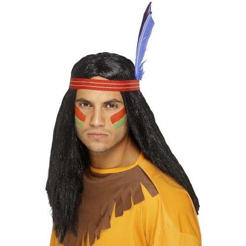  Smiffys Mens Indian Brave Wig Long Straight with Headband and Feather