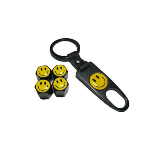  Smile Head Face 4pcs Black Metal Tire Valve Stem Cap With wrench