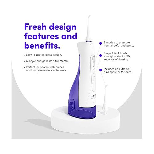  SmileDirectClub Premium Edition Water Flosser - XL Water Reservoir with 2 Nozzles, Waterproof and Cordless Design, 3 Pressure Modes - Removes 99% of Plaque
