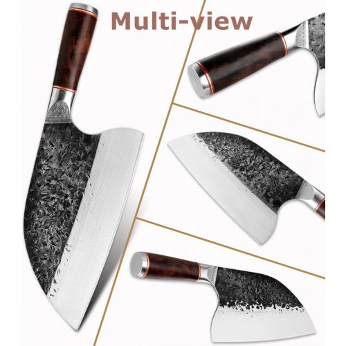 스미스 Smith Chu Handmade Forged Serbian Meat Cleaver Knife with Sheath Chefs knvies Full Tang Butcher Knife Outdoor Meat Vegetable Cleaver for Family, BBQ or Camping (Silver)