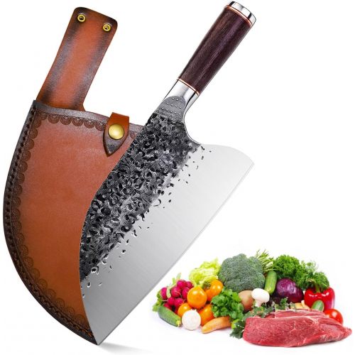 스미스 Smith Chu Handmade Forged Serbian Meat Cleaver Knife with Sheath Chefs knvies Full Tang Butcher Knife Outdoor Meat Vegetable Cleaver for Family, BBQ or Camping (Silver)