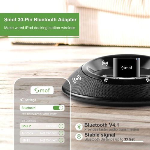  [아마존베스트]Smof Premium 30 Pin Bluetooth Adapter for Sounddock,Replace iPod/Phone/JBL/Car, Bluetooth Audio Receiver 3.5 mm AUX Output-Female