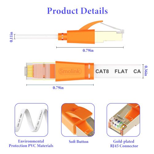  Smolink Cat 8 Ethernet Cable 20 Ft,High Speed Flat Internet Network LAN Cable,Faster Than Cat7/Cat6/Cat5 Network,Durable Patch Cord with Gold Plated RJ45 Connector for Xbox,PS4,Router, Mod