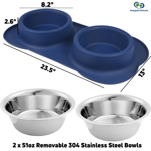  Snappies Petcare Large Dog Bowls & Mat Set - 2 Large Capacity 54oz (108oz Total) Removable Stainless Steel Bowl Set in a Stylish No Mess, No Spill, Non Skid, Silicone Mat. Food & Water Bowls for Me