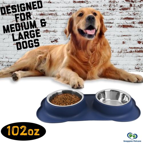  Snappies Petcare Large Dog Bowls & Mat Set - 2 Large Capacity 54oz (108oz Total) Removable Stainless Steel Bowl Set in a Stylish No Mess, No Spill, Non Skid, Silicone Mat. Food & Water Bowls for Me