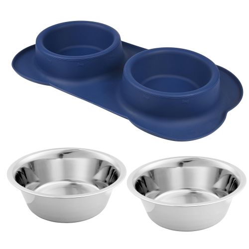  Snappies Petcare Large Dog Bowls & Mat Set - 2 Large Capacity 54oz (108oz Total) Removable Stainless Steel Bowl Set in a Stylish No Mess, No Spill, Non Skid, Silicone Mat. Food & Water Bowls for Me