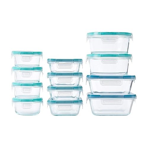  Snapware Total Solution 24-Pc Glass Food Storage Container Meal Prep Set with Plastic Lids, 4-Cup, 2-Cup & 1-Cup, BPA-Free Lids with 4 Locking Tabs, Microwave, Dishwasher, and Freezer Safe