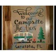 SnipetsofImagination Welcome to Our Campsite with Popup/Free Shipping!!/ Customized Camping Burlap Garden Flag with camper/Yard/Campsite/ Whimsical Saying gift