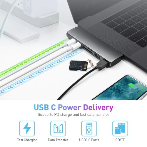  Snoogg USB C Hub Adapter Compatible with 2016/2017/2018 MacBook Pro 13 15, Dual USB Type C Docking Station with Thunderbolt 3, USB C PD, 4K HDMI, 2 USB 3.0 Ports, MicroSD/SD Card Reader (
