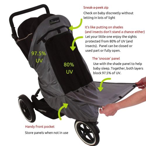  SnoozeShade Plus Deluxe | Universal fit sun shade for strollers | 360-degree sun and UV protection | Sleep shade and mosquito net | Recommended for 6m+