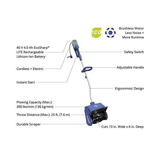  Snow Joe iON13SS-HYB 40V 4.0 Ah Hybrid Battery or Electric Cordless Snow Shovel, 13