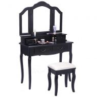 Snow Shop Everything Black Dressing Table Makeup Desk & Stool with Tri-Folding Mirror Vanity Set 4 Drawers