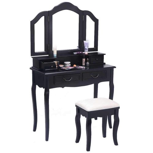  Snow Shop Everything Black Dressing Table Makeup Desk & Stool with Tri-Folding Mirror Vanity Set 4 Drawers