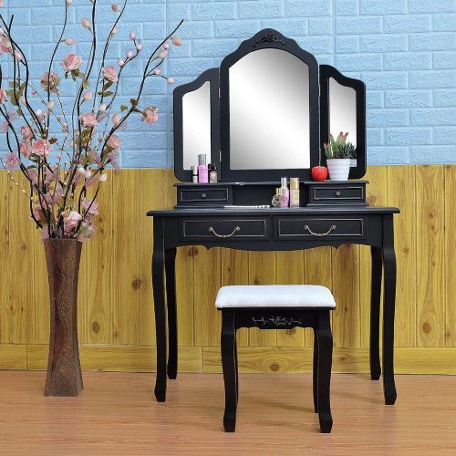  Snow Shop Everything Black Dressing Table Makeup Desk & Stool with Tri-Folding Mirror Vanity Set 4 Drawers