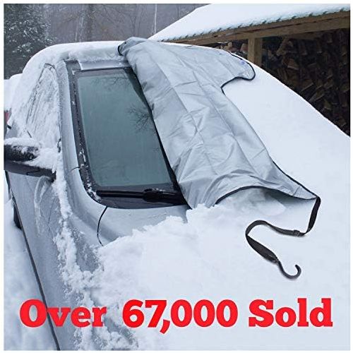  SnowOFF Windshield Snow Ice Cover - Custom Made Premium Quality Car Cover - Windproof Straps, Wings, Suction Cups, Magnets - Bonus Items - Winter Ice Rain Frost Automotive Hood Cov