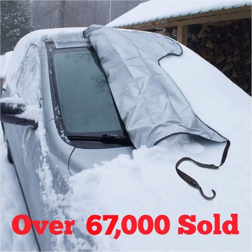  SnowOFF Windshield Snow Ice Cover - Custom Made Premium Quality Car Cover - Windproof Straps, Wings, Suction Cups, Magnets - Bonus Items - Winter Ice Rain Frost Automotive Hood Cov