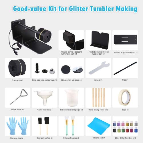  Sntieecr Epoxy Glitter Tumbler Turner Kits with Tumbler Turner Machine, 12 PCS Glitter Powder, Bubble Buster Tool Heat Gun, Silicone Brushes and 34 PCS Epoxy Resin Tools for DIY Cr