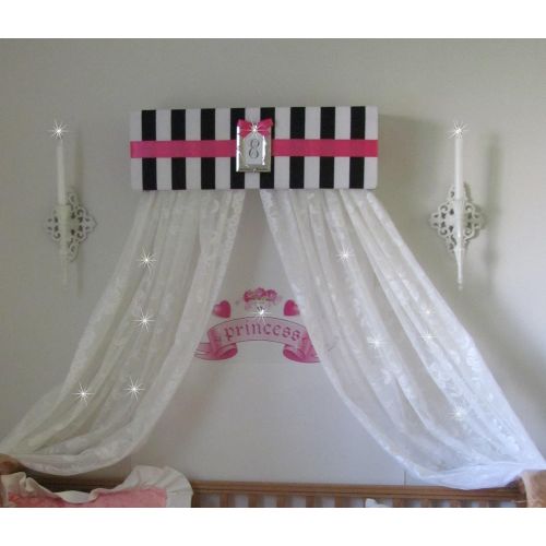  So Zoey Boutique Princess Bed Canopy Crown Valance French Paris Stripe Pink Black White Upholstered SALE