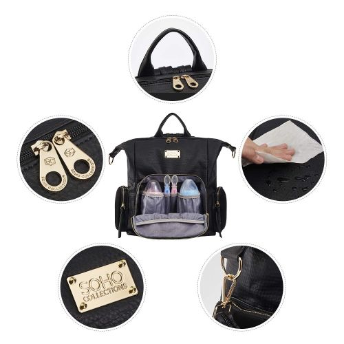  SoHo Designs SoHo Collections Frankfort 3-in-1 Vegan Leather Convertible Baby Diaper Bag Backpack with Changing pad Stroller Straps Shoulder Strap and Insulated Pockets 4 Pieces Set (Black)