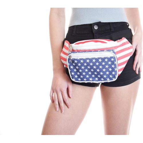  SoJourner Bags Sojourner American Flag Fanny Pack - USA Packs, 4th of July, Stars and Stripes, Red White, and Blue Eagle Waist Bag Belt Bags Bumbag