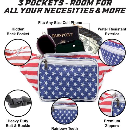  SoJourner Bags Sojourner American Flag Fanny Pack - USA Packs, 4th of July, Stars and Stripes, Red White, and Blue Eagle Waist Bag Belt Bags Bumbag