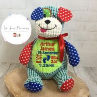 /Etsy Cubbie Harlequin Dog, Personalised Teddy Bear, Embroidered Baby Gift, Stuffie, christening, new baby gift