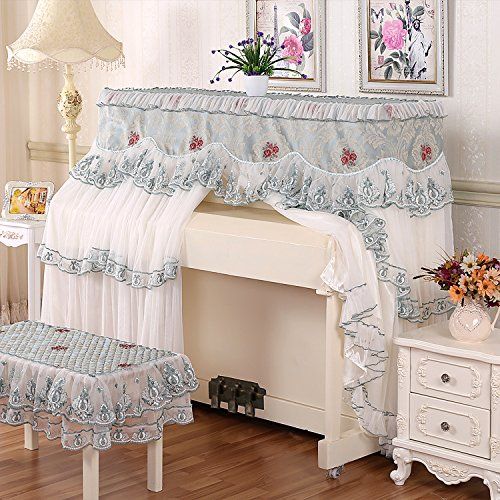  Soarun Lace flower Piano Cover Set Dustproof Piano Decoration Cover Keyboards Cover Made of Silk and Sheers with Double Stool Cover