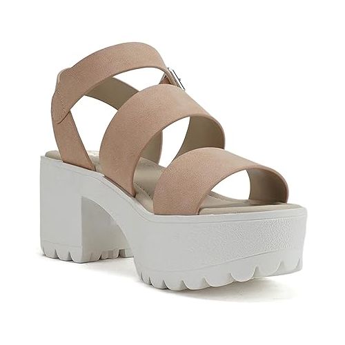  Soda ACCOUNT ~ Women Open Toe Two Bands Lug sole Fashion Block Heel Sandals with Adjustable Ankle Strap