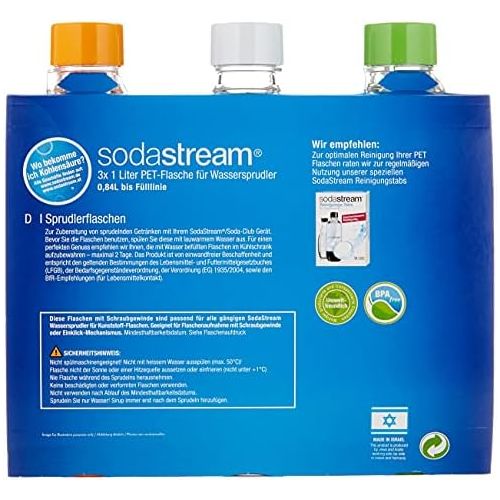 소다스트림 Visit the sodastream Store SodaStream Action Set PET bottles 2 + 1, 3x 1 L PET bottles made of unbreakable crystal clear PET, orange / green / white