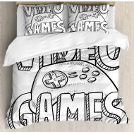 Soefipok Boys Room Duvet Cover Set, Doodle Style Video Games Typography Design with a Controller Sketch Artwork, Decorative 3 Piece Bedding Set with 2 Pillow Shams, Black White Full/Queen S