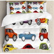 Soefipok Boys Room Duvet Cover Set Twin Size, Race Cars Monster Truck Classics Urban Jeep Artistic Speed Automobiles Print, Decorative 3 Piece Bedding Set with 2 Pillow Shams, Multicolor