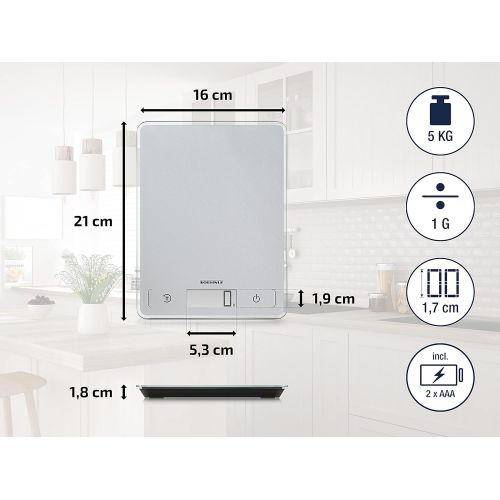  Soehnle Page Comfort 100 Digitale Kuechenwaage, Gewicht bis zu 5 kg (1-g-genau), Haushaltswaage mit Sensor-Touch, elektronische Waage inkl. Batterien, grosse LCD-Anzeige, silber