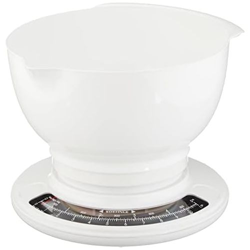  Soehnle Culina Pro 5 kg, analoge Kuechenwaage, weiss, Gewicht bis zu 5 kg (50-g-genau), Haushaltswaage mit grosser Ruehrschuessel, Kuechenwaage retro fuer Kuchen und weiteres