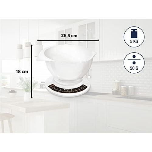  Soehnle Culina Pro 5 kg, analoge Kuechenwaage, weiss, Gewicht bis zu 5 kg (50-g-genau), Haushaltswaage mit grosser Ruehrschuessel, Kuechenwaage retro fuer Kuchen und weiteres