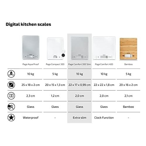  Soehnle Page Comfort 300 slim Digitale Kuechenwaage, Gewicht bis zu 10 kg (1-g-genau), rechteckige Haushaltswaage mit Sensor-Touch, elektronische Waage inkl. Batterien, ultraflaches