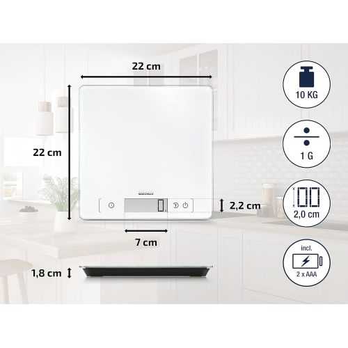  Soehnle Page Comfort 400 Digitale Kuechenwaage, Gewicht bis zu 10 kg (1-g-genau), runde Haushaltswaage mit Sensor-Touch, elektronische Waage inkl. Batterien, extragrosse Wiegeflache,