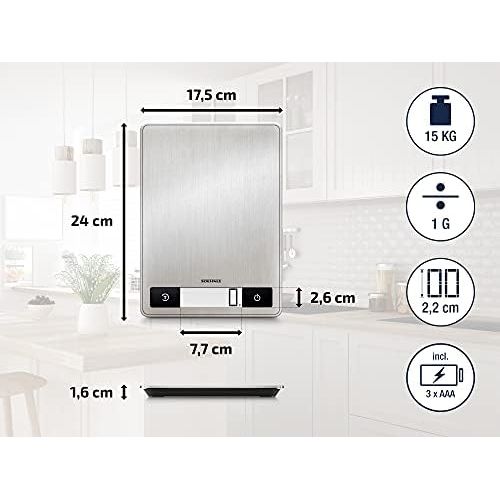  Soehnle Page Profi 200, digitale Kuechenwaage, silber, Gewicht bis zu 15 kg (1-g-genau), Haushaltswaage mit patentierter Sensor-Touch-Funktion, elektronische Waage inkl. Batterien