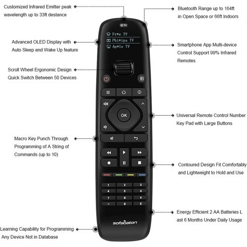  SofaBaton U1 Universal Remote Control with Smart APP, Harmony Remote with OLED Display and Macro Button, All in One Remote Support up to 15 Bluetooth & IR Devices, TVS/DVD/Media Pl