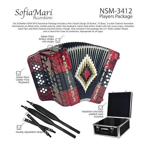  NSM3412 Accordion Package: 34 Button, 12 Bass, 3 Switch Accordion with Case and Straps (Fa/FBE, Red Black Red)