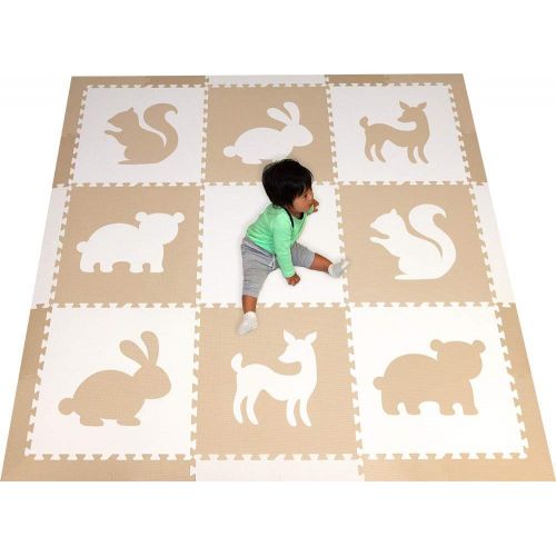  SoftTiles Woodland Animals Playmat | Kids Foam Play Mats | Nontoxic Baby Play Mats w/Sloped Edges for Playrooms and Nursery- Extra Thick 2 Foot Floor Tiles- 6.5 x 6.5 ft. (White, L