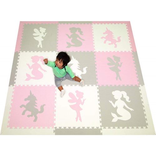  SoftTiles Kids and Baby Foam Playmat - Mermaid, Unicorn, and Fairy Designs- Non-Toxic Flooring for NurseryPlayroom Interlocking Foam Mat- Light Pink, Light Gray, White-SCFAIWCH