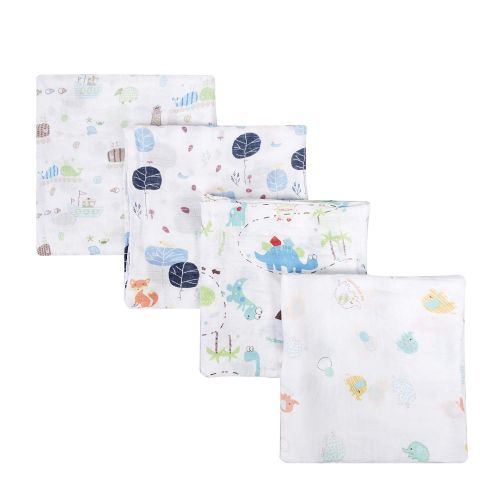  Softan Muslin Baby Swaddle Blankets, Bamboo Cotton Receiving Blankets for Boys and Girls,47x47,4 Pack, Shower Gift Set, Elephant, Fox, Whale, Dinosaur