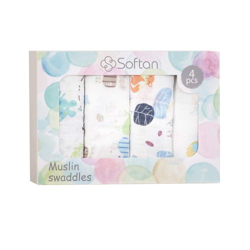  Softan Muslin Baby Swaddle Blankets, Bamboo Cotton Receiving Blankets for Boys and Girls,47x47,4 Pack, Shower Gift Set, Elephant, Fox, Whale, Dinosaur