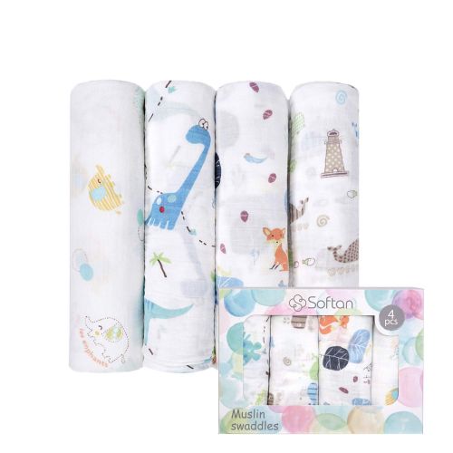  Softan Muslin Baby Swaddle Blankets, Bamboo Cotton Receiving Blankets for Boys and Girls,47x47,4 Pack, Shower Gift Set, Elephant, Fox, Whale, Dinosaur