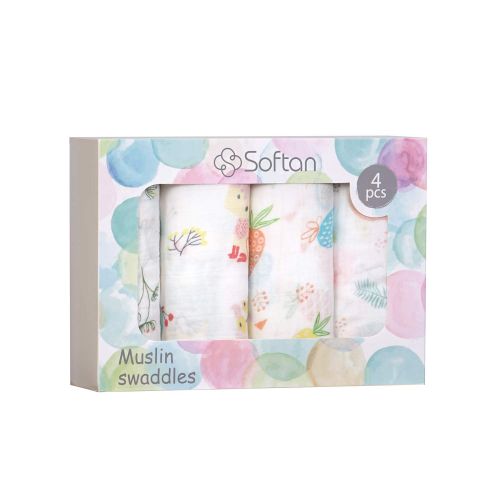  Softan Muslin Baby Swaddle Blankets, Bamboo Cotton Receiving Blankets for Boys and Girls,47x47,4 Pack, Shower Gift Set, Flamingo, Rabbit, Pineapple, Dandelion